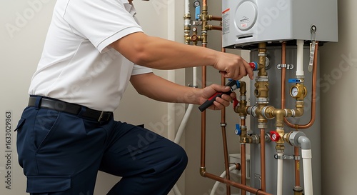 Worker servicing residential water heater with tools