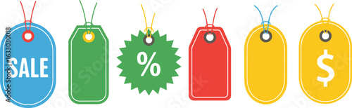 
A diverse set of colorful price and discount tags, including a blue "SALE" tag, a green tag with a percentage sign, and a yellow tag with a dollar sign, with various shapes and strings,