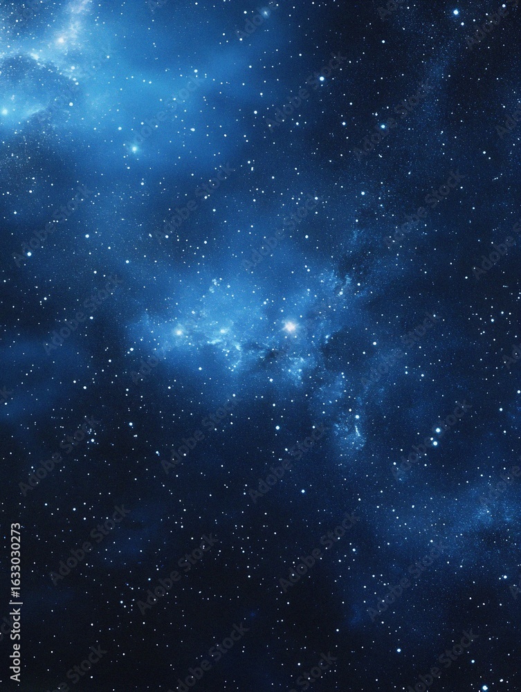Naklejka premium Starry sky background, blue night sky full of stars, glowing stars in the dark space, starry background, dark night, stars in the distance, starlight, dark background with a blue glow, night sky. 