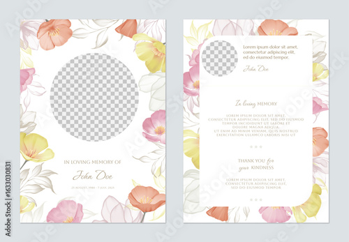 Floral memorial card template, featuring colorful California Poppy flowers along with translucent leaves frame on a solid white background