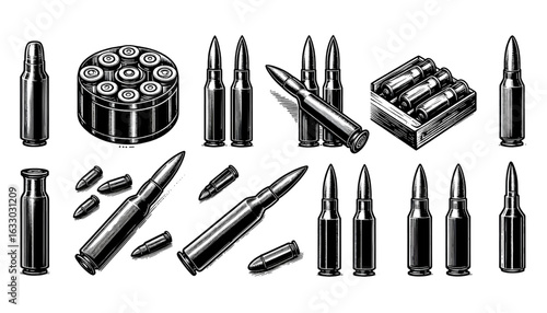 Set of Illustrations of bullets and cartridges in vintage monochrome style.