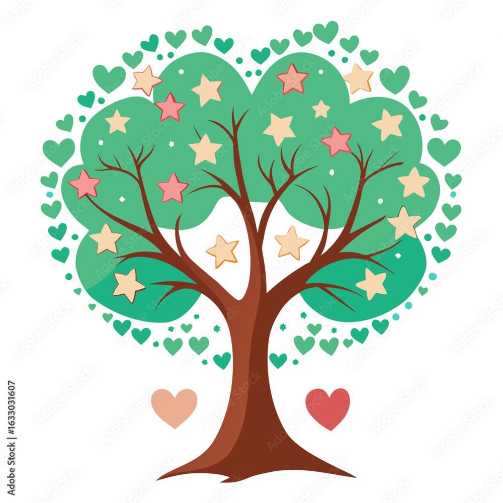 Fototapeta premium Glowing Heart-Shaped Tree with Star Leaves Vector, Gratitude and Growth Symbol