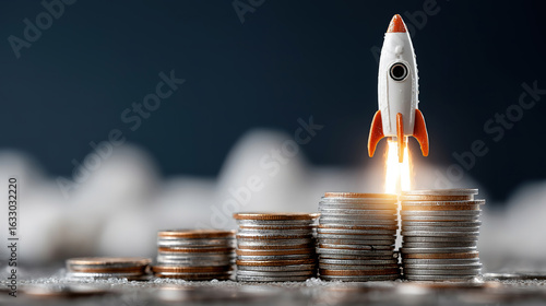 Wallpaper Mural Financial growth theme shown by rocket ascending from stack of coins with space for text Torontodigital.ca