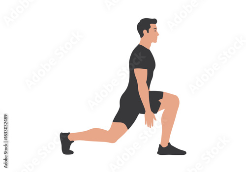 Man Performing a Low Lunge Exercise Fitness Workout Pose.