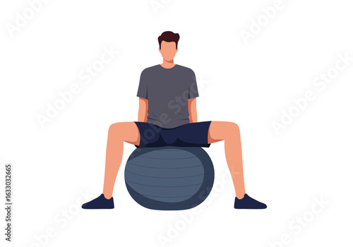 Man Sitting on Exercise Ball Fitness Posture.