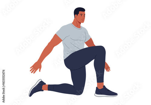Athletic Man Performing a Kneeling Leg Stretch Exercise.