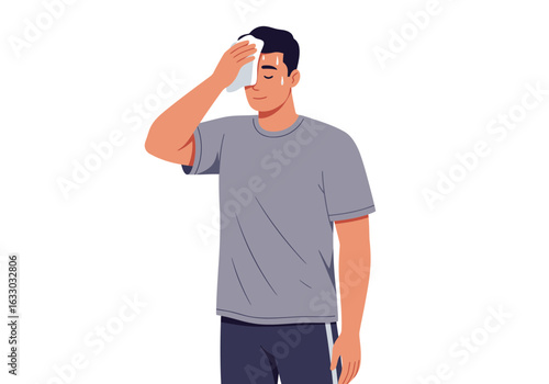 Sweaty Man Wiping Forehead with Cloth Exhausted.