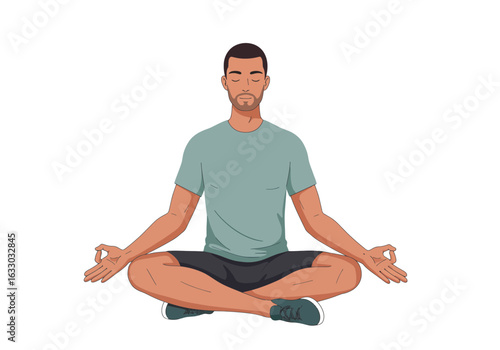 Man Meditating in Lotus Position Calm Peaceful Pose.