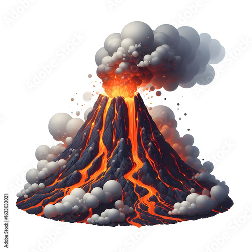 Smoking volcano with lava flowing down isolated on a white background