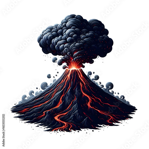 Smoking volcano with lava flowing down isolated on a white background