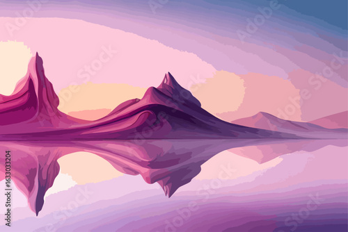 Digital artwork of a serene landscape with mountains reflected in still water.  Soft, blended colors create a peaceful atmosphere.