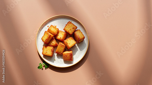 World of Fried Cheeses – Thick Fried Queso Frito Cubes with Rustic Golden Crust on Pale Ceramic Plate