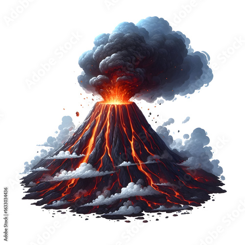Smoking volcano with lava flowing down isolated on a white background