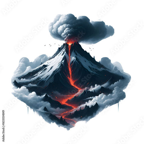 Smoking volcano with lava flowing down isolated on a white background