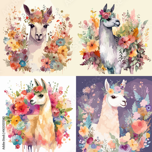 Four charming llama portraits, each adorned with vibrant floral wreaths and presented in a watercolor style. Each image features a different pastel color palette.