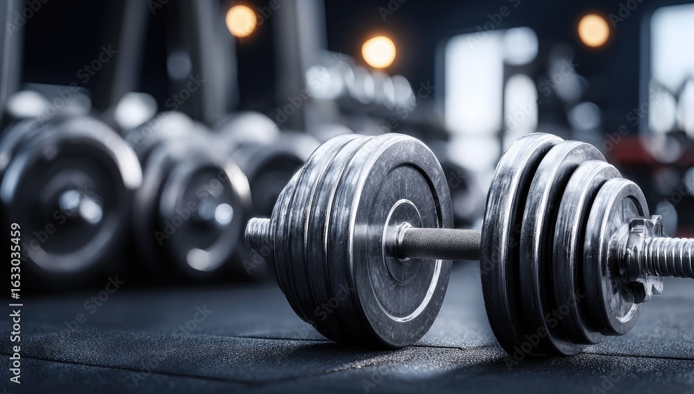 Fototapeta premium Metal dumbbells on gym floor