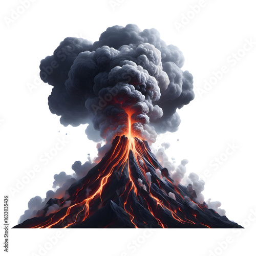 Smoking volcano with lava flowing down isolated on a white background