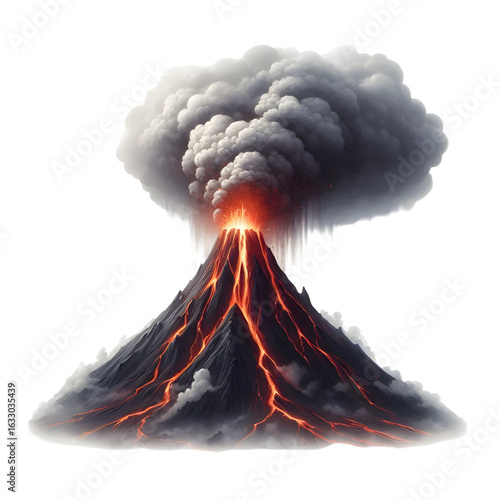 Smoking volcano with lava flowing down isolated on a white background