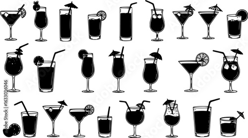 Black and white cocktail icons: a diverse collection of stylish beverage illustrations.
