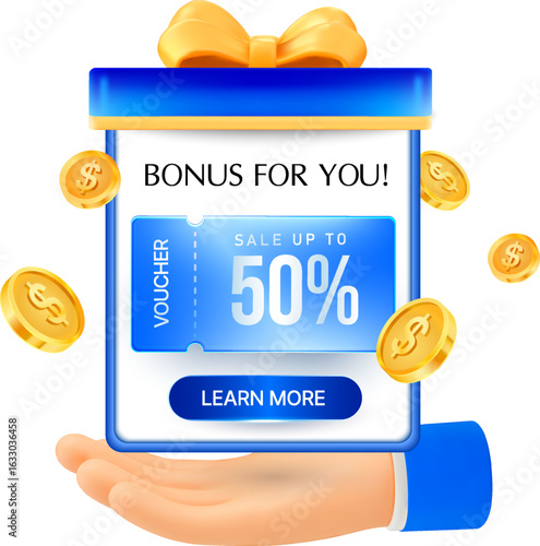 3d gift voucher with coupon code, 50 percent, golden coins flying around on a hand, isolated on background. Cashback coupon popup concept in 3d vector. Vector illustration