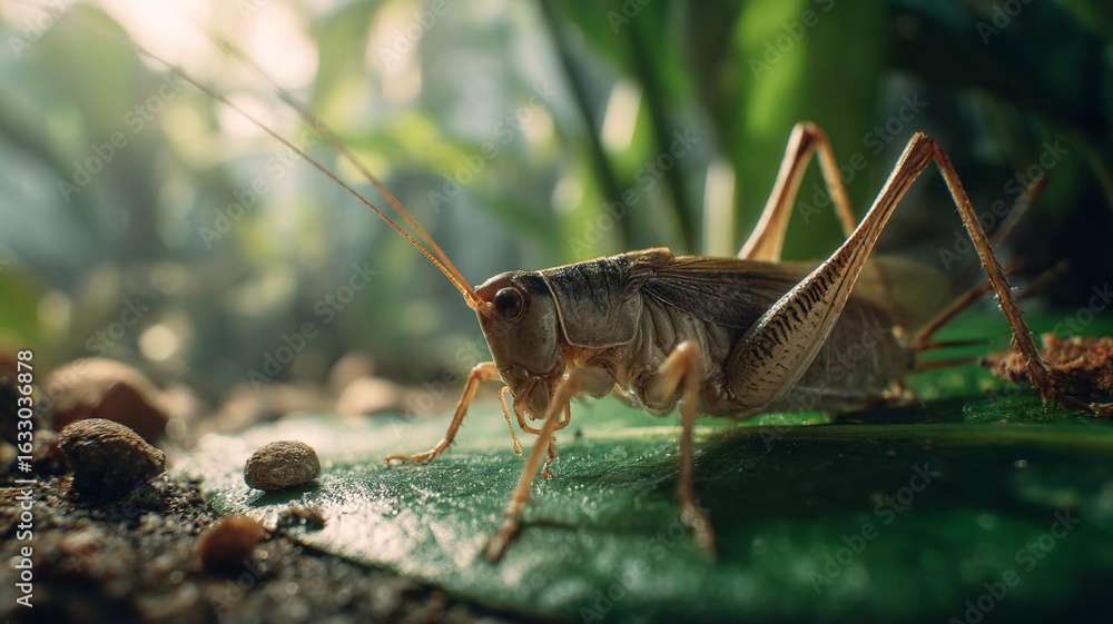 Fototapeta premium Close up of cricket green leaf natural environment, with soft sunlight and blurred background