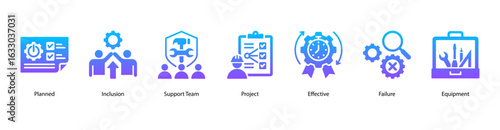 Team Mission web banner icon vector illustration featuring Planned, Inclusion, Support Team, Project, Effective, Failure, and Equipment.