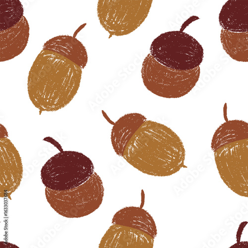 Autumn acorns seamless pattern. Fall colorful chalk scribble drawing forest wallpaper. Pencil texture grunge freehand childish background for fabric. Crayon textured kids isolated vector illustration