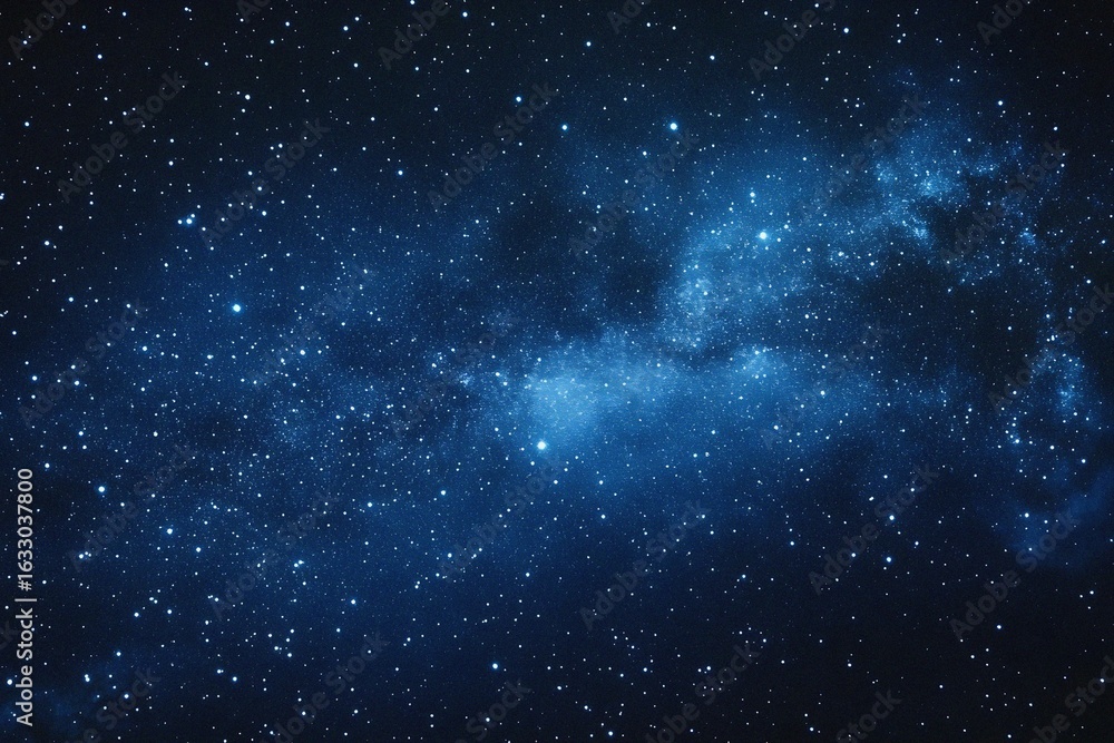 Fototapeta premium Starry sky background, blue night sky full of stars, glowing stars in the dark space, starry background, dark night, stars in the distance, starlight, dark background with a blue glow, night sky. 