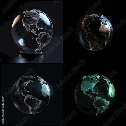 Digital graphic representation of Earth, displayed on four distinct, translucent spheres against a dark backdrop. Each sphere shows different lighting and color variations.
