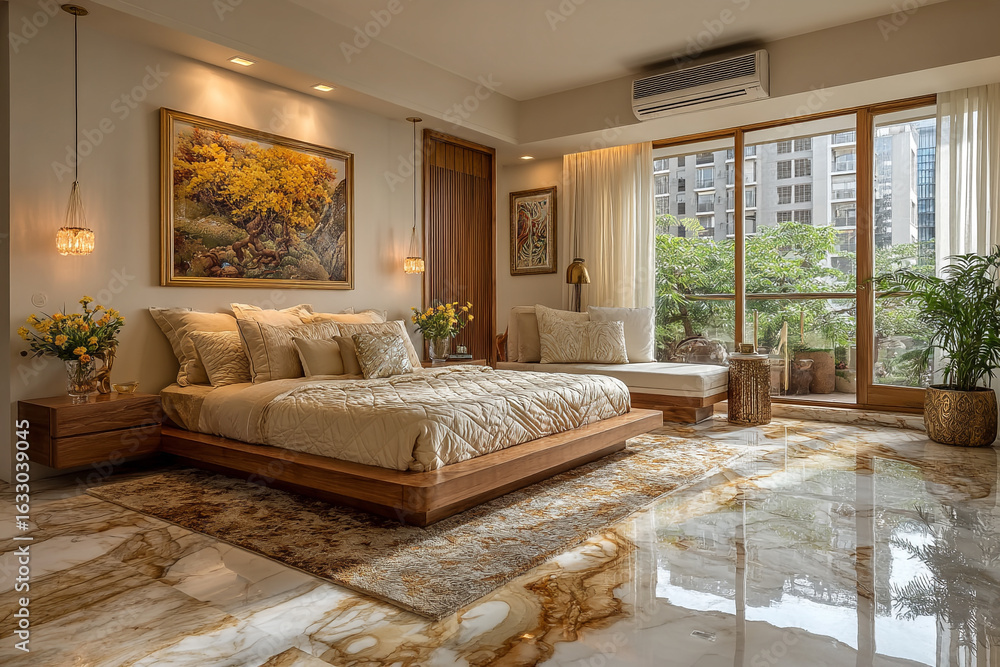 Fototapeta premium Beige bedroom shines, featuring marble floors and warm lighting for interior design, real estate, or luxury lifestyle.