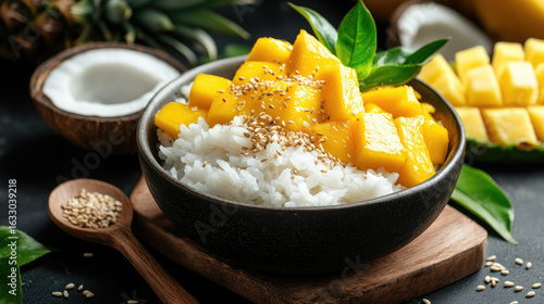 Tropical slices of mango and pineapple served over coconut sticky rice, finished with a coconut milk drizzle and sesame garnish.