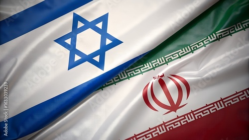 Israeli and iranian flags intertwined isolated on transparent background
