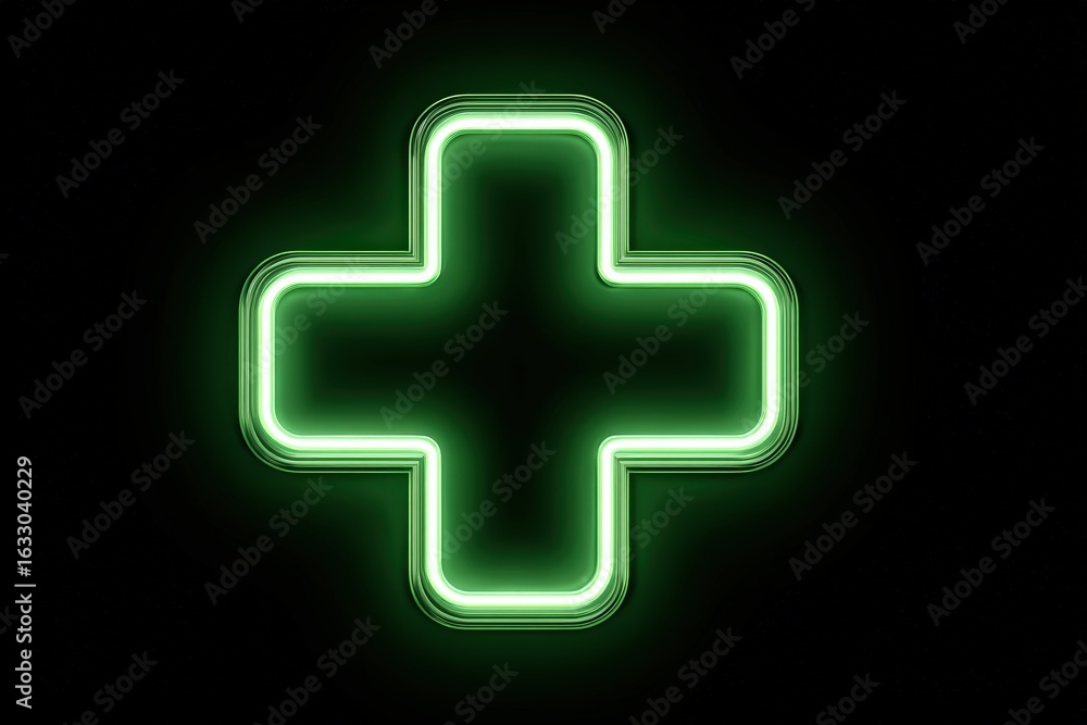 Obraz premium Vibrant Green Neon Medical Cross Sign Glowing in Dark Background - Modern Symbol of Healthcare and Pharmaceuticals