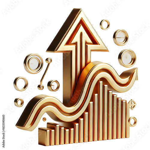 rising gold arrow 3d render icon isolated on white background