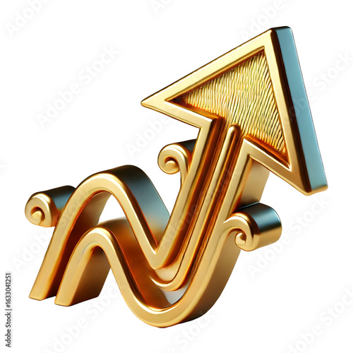 rising gold arrow 3d render icon isolated on white background