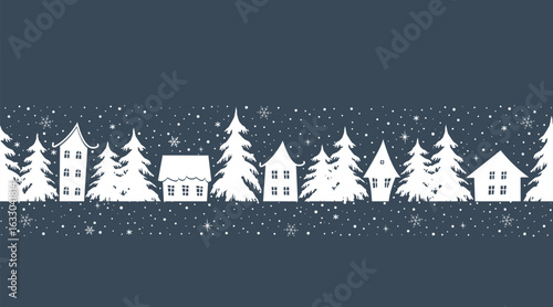 Christmas Seamless Border. Banner. Winter Village. White Silhouettes of Houses, Trees. Snow. Snowflakes. Greeting Card, Invitation Template. Stencil. Vector Illustration on Dark Blue Background