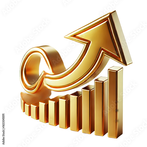 rising gold arrow 3d render icon isolated on white background