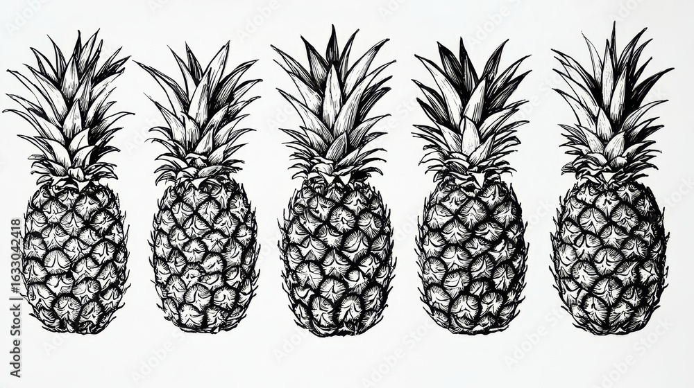 Fototapeta premium Detailed botanical illustrations of pineapples against a simple backdrop. 