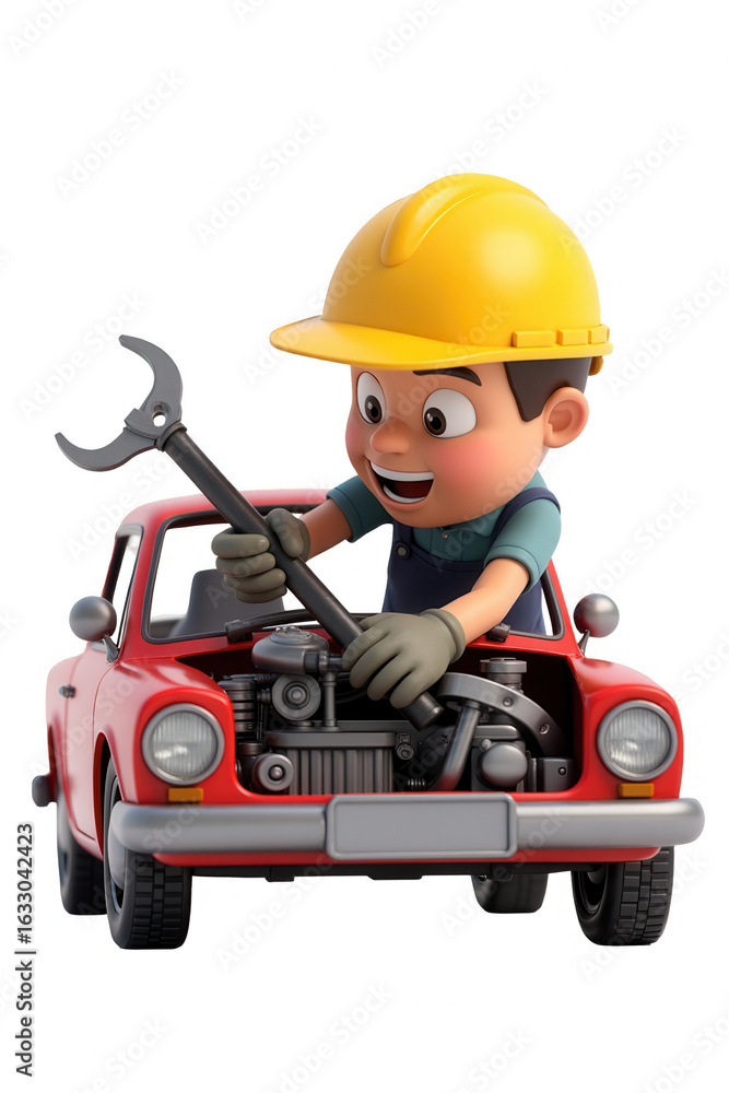 Fototapeta premium Cartoon character mechanic working on a classic car.
