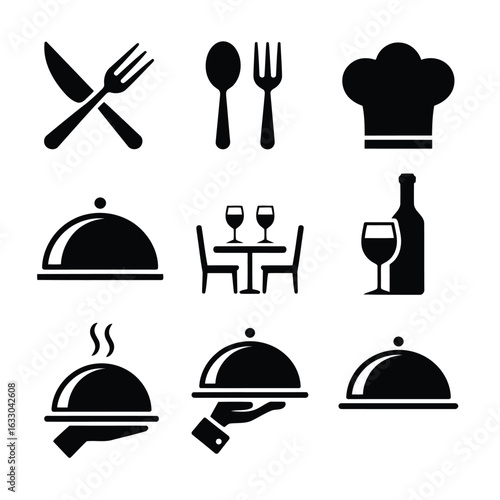 Restaurant service dining ware and chef hat icons food cutlery