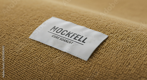 Blank white woven label mockup on a brown towel for textile branding and logo presentation template.