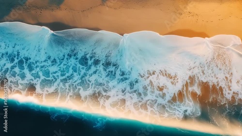 Top-down view of a sandy beach with blue water and waves, web banner design with copy space on the right for text or graphics
