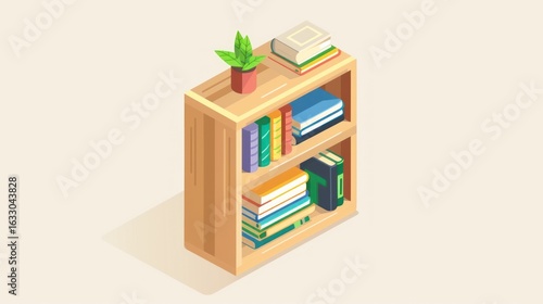 Wooden bookcase, filled with books and a small plant
