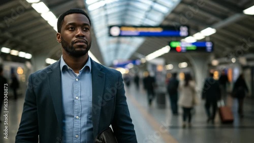 Wallpaper Mural Thoughtful Black businessman standing confidently in a modern, bustling transportation hub Torontodigital.ca