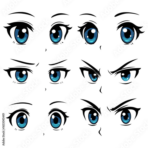 Set of Anime Blue Eyes Expressions Vector Illustration