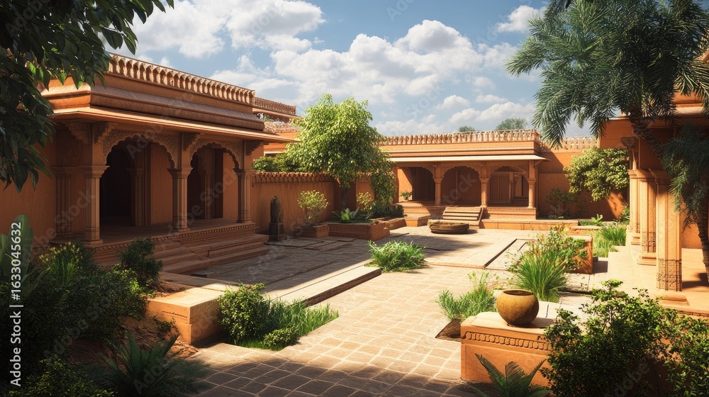 Obraz premium Serene Rajasthani Courtyard: A Digital Rendering of Architectural Splendor