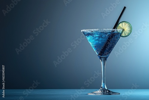 Blue cocktail martini glass with lime