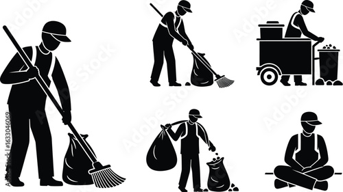 Illustrations of a street cleaner in various poses, including sweeping, collecting trash, and sitting, these icons represent the job of a janitor and waste management