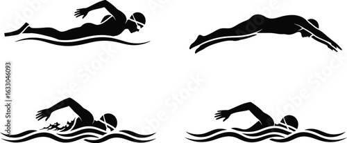 Swimmer silhouettes set showcasing various swimming styles and actions, perfect for sports, fitness, and recreational themes, emphasizing athleticism and water activities