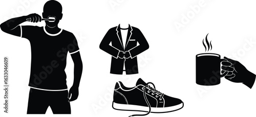 Illustration of a man brushing his teeth, a suit jacket, a sneaker, and a hand holding a cup of coffee, representing daily morning routines and personal care